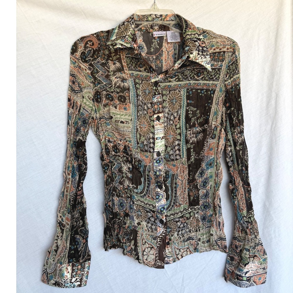 Y2K Metallic Festival Sheer No Boundaries Boho Brown Paisley Patchwork Jr Large